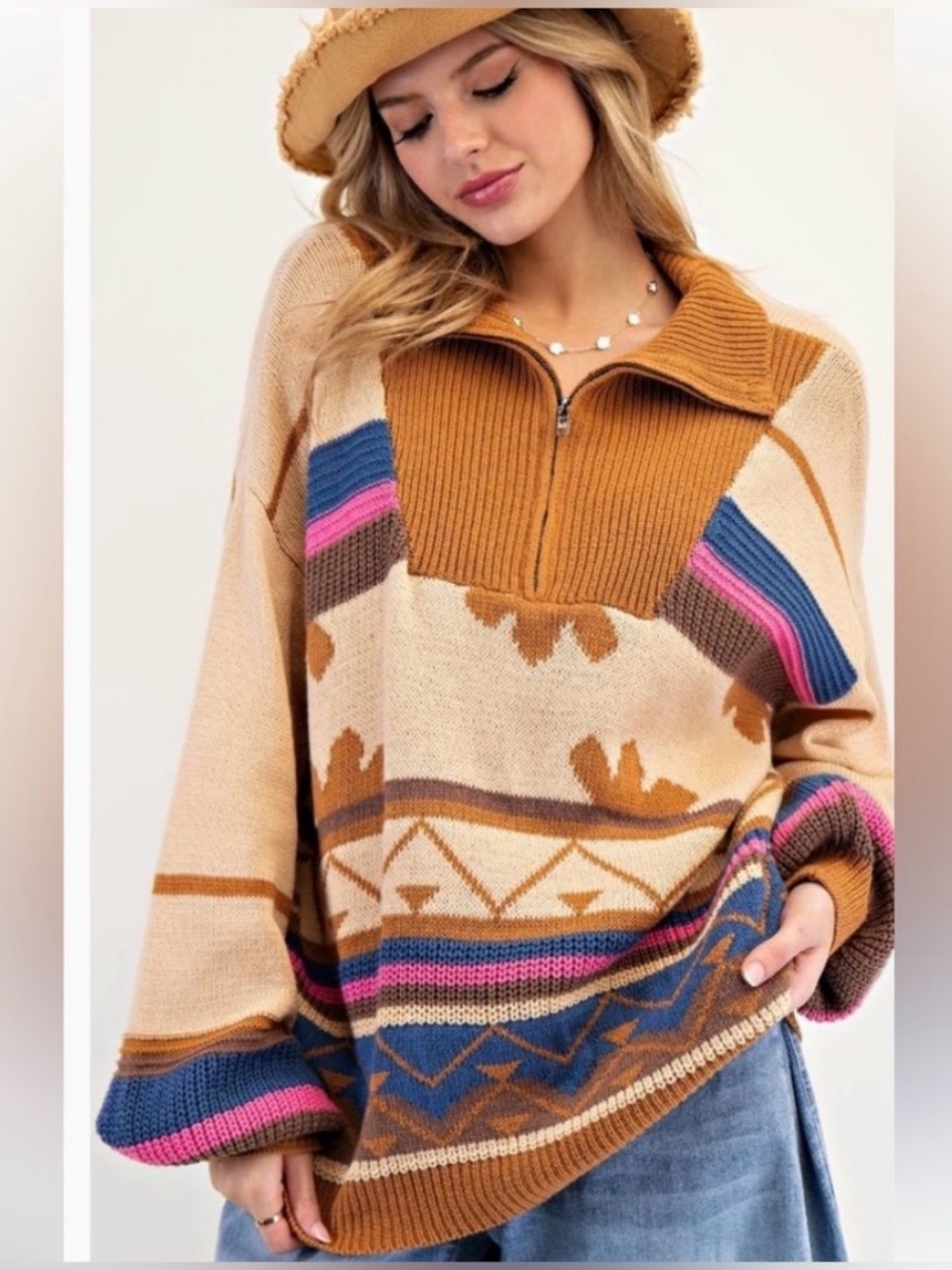 NWT Easel Tan Beige Blue Pink Patterned Half-Zip Aztec Pullover Sweater